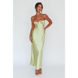 New! Selfie Leslie Rose Garden Floral Applique Midi satin Dress Lime green Med